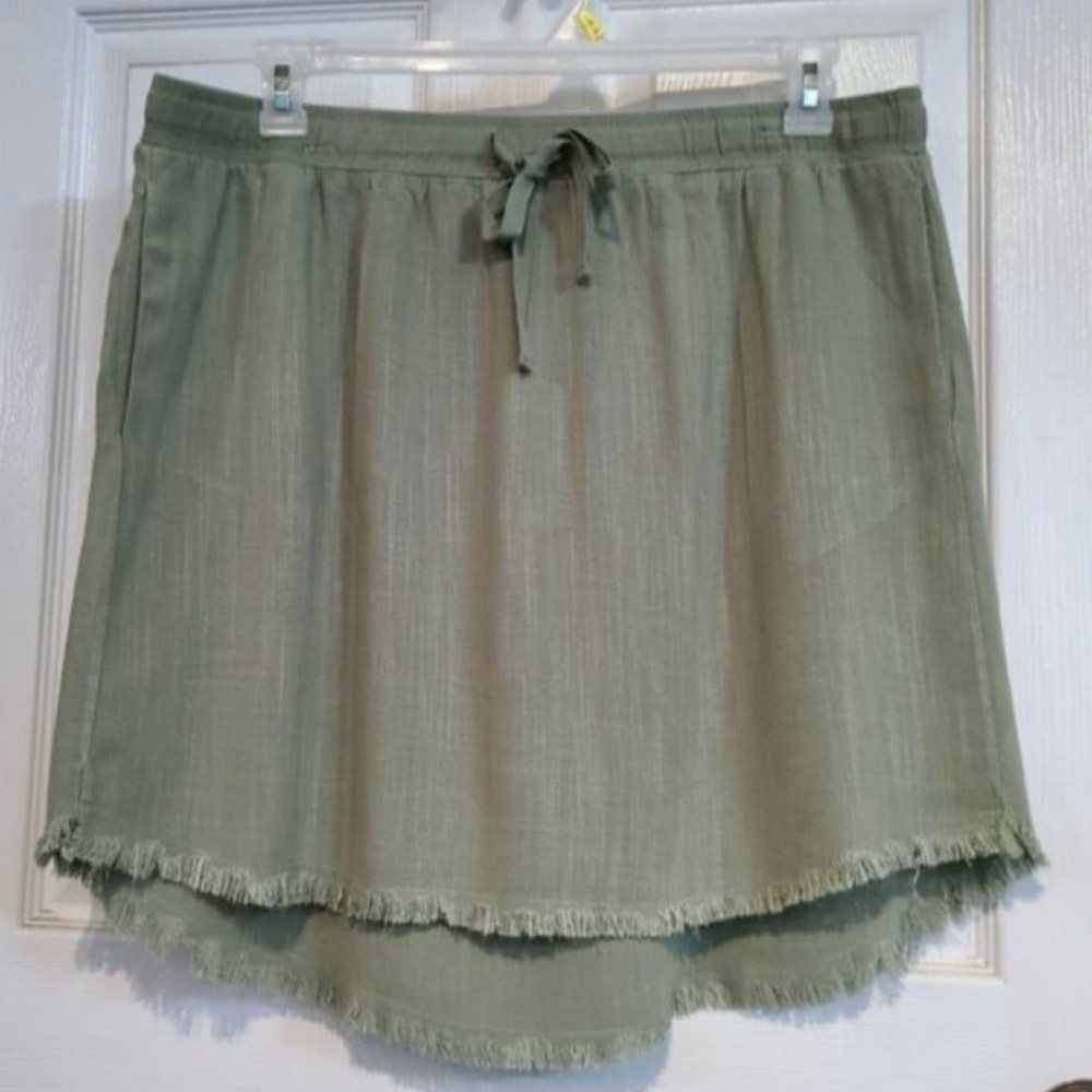 Umgee U.S.A. Hi Waist Skirt Olive Green Women's Linen Blend Pockets XLarge